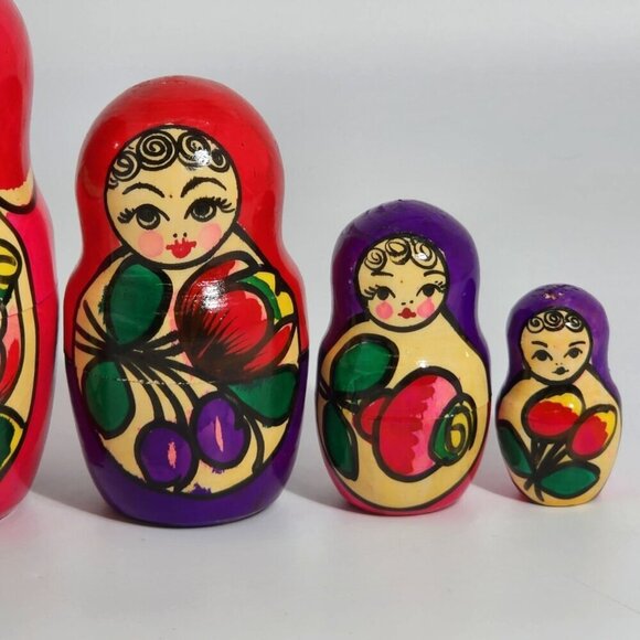 Hand Painted Russian Matryoshka Nesting Dolls Set Of 5 Red Floral Design Traditi - Picture 8 of 12